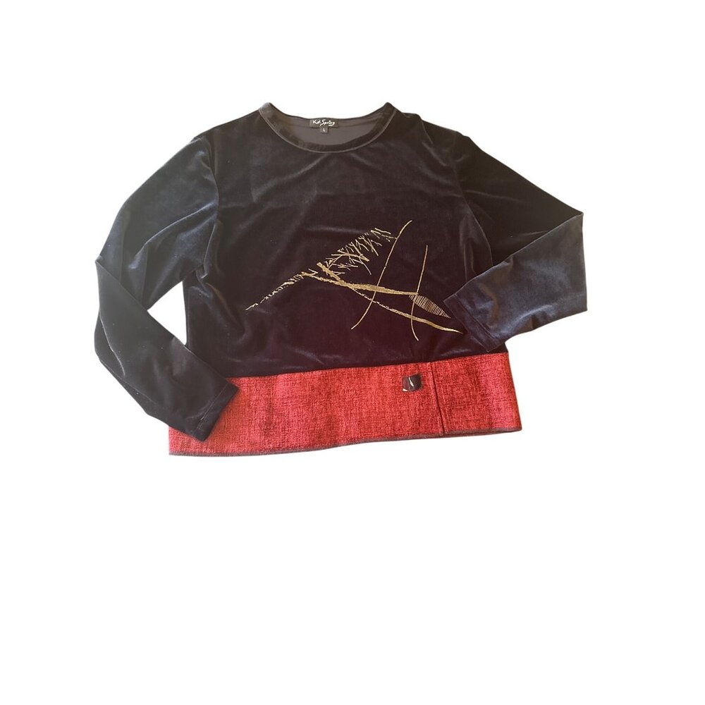 Kd.Spring Womens Velvet & Tweed Long Sleeve Top L Black & Red Gold Print